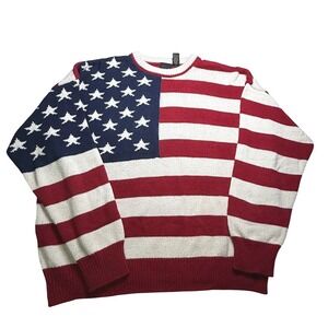 VTG 90s Structure Mens American Flag Sweater USA 100% Cotton L All over Design
